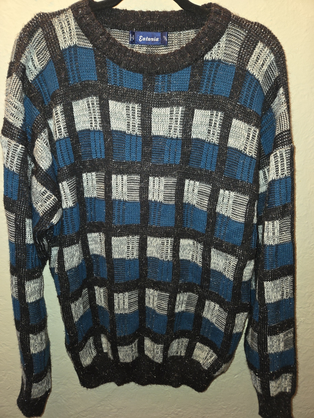 Vintage Eatonia Teal Plaid Grandpa Sweater Oversized Grunge Knit XL XXL